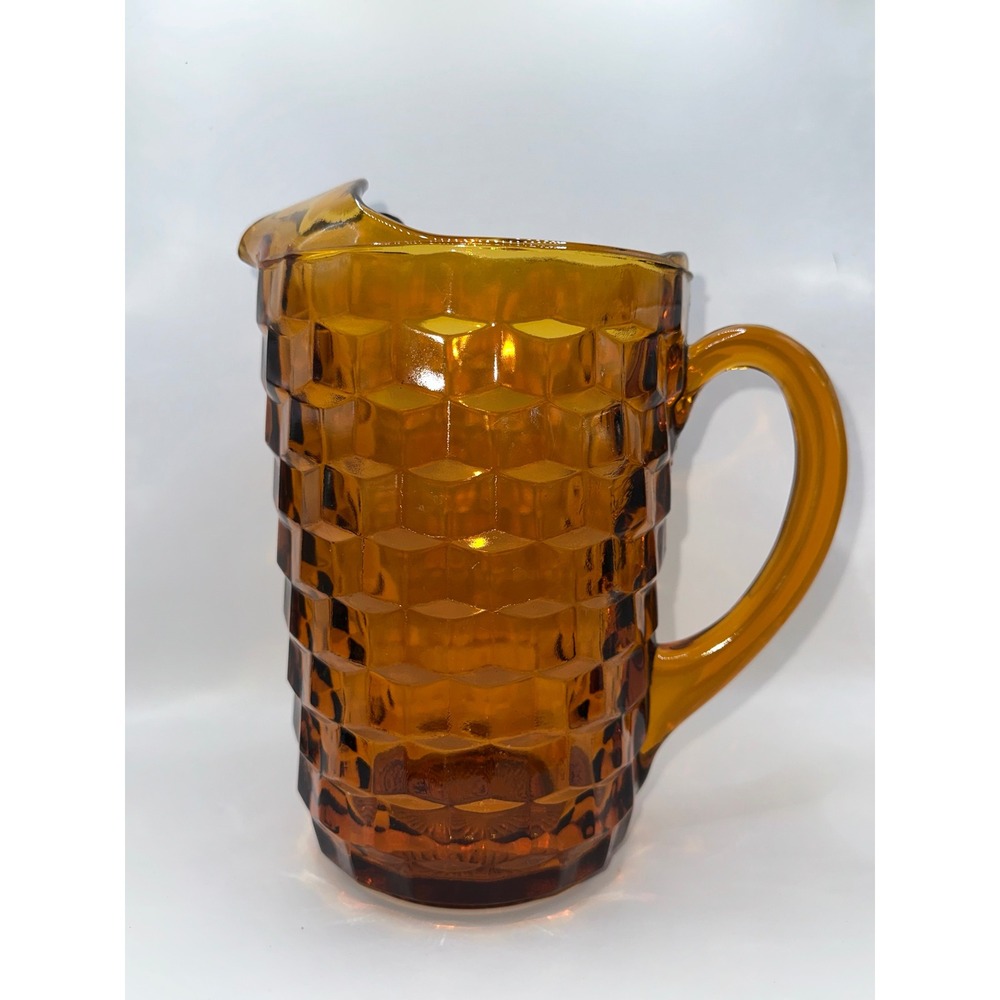 Vintage Amber Glass Pitcher Honeycomb Cube Pattern Mid Century Ice Lip Spout